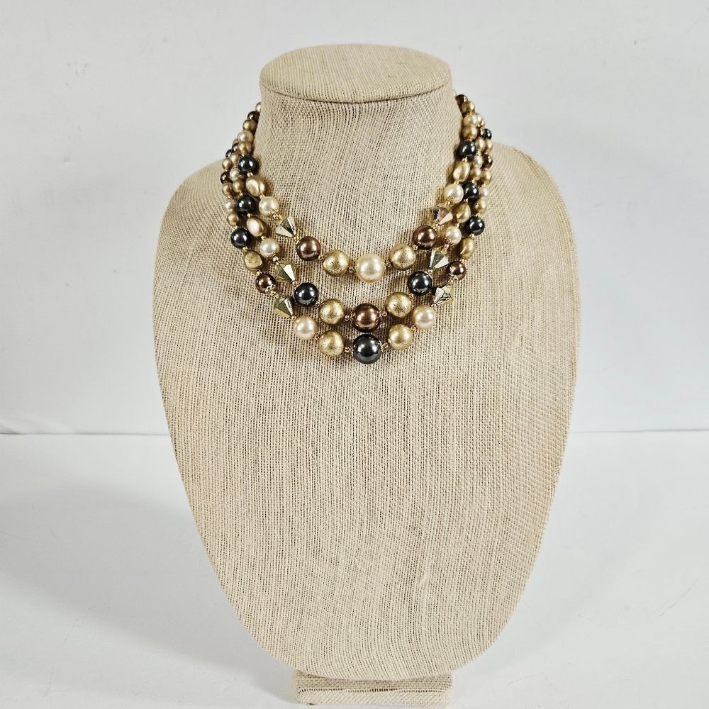 Vintage Signed Japan Multi-Strand Faux Pearl Faceted Glass Gold Beaded Necklace